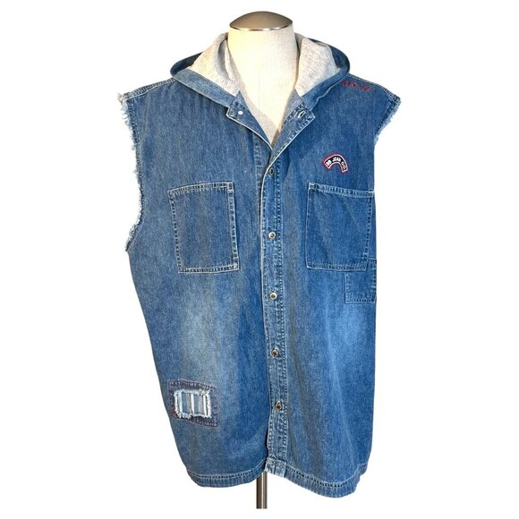 Vintage Bugle Boy Denim jean Hoodie Vest Mens Size  XL Button Front Blue Cotton - Picture 1 of 8